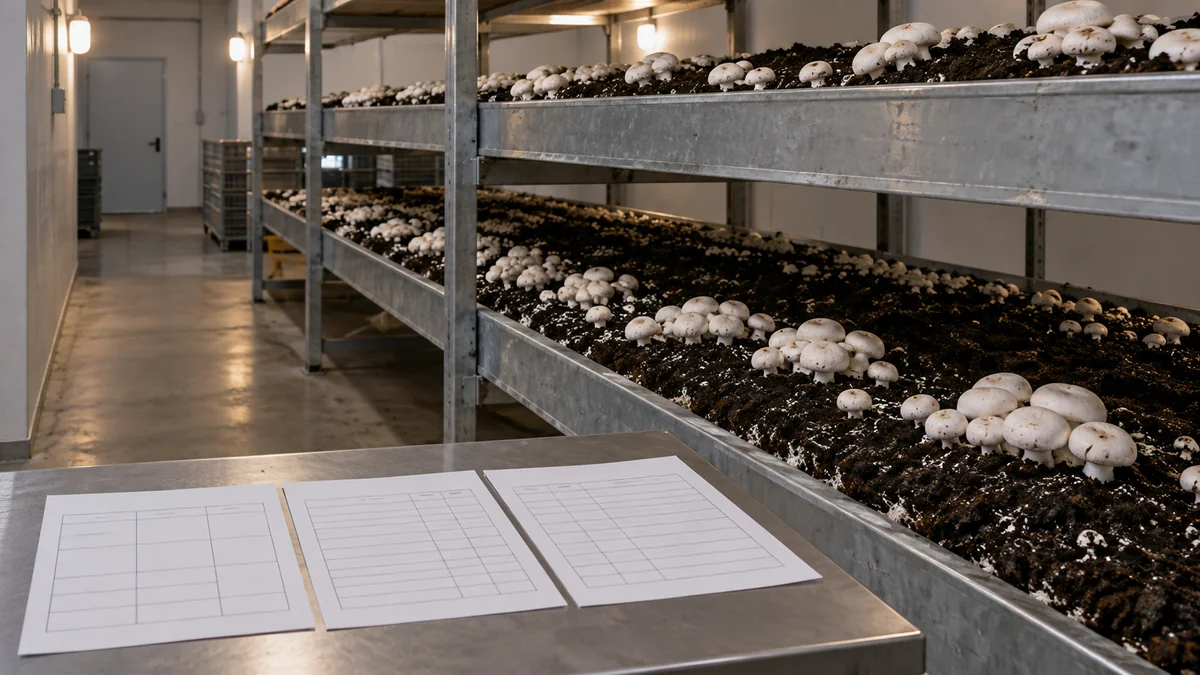 Tiered button-mushroom beds beside separate room and compost records
