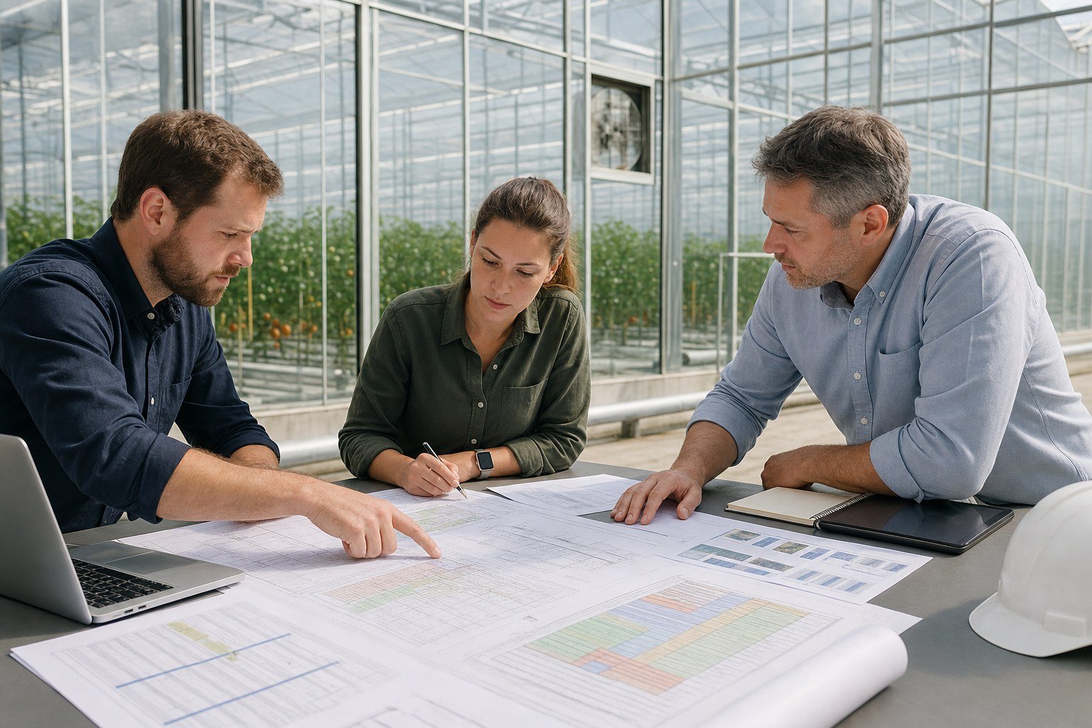 Greenhouse buyer and project specialists reviewing site plans and system requirements beside a commercial greenhouse