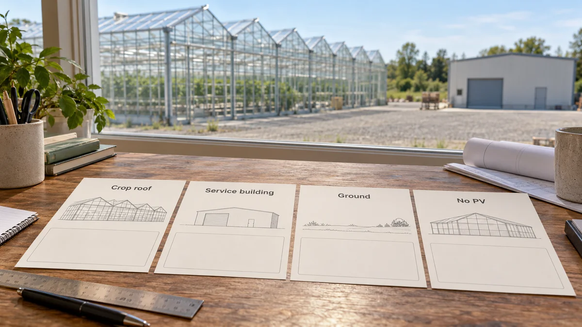 Conceptual comparison of greenhouse roof and off-roof solar locations