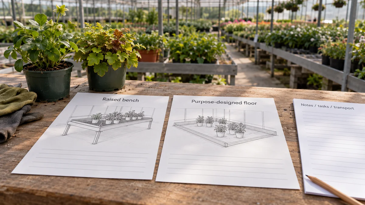 Potted crop samples beside bench and purpose-designed floor planning cards