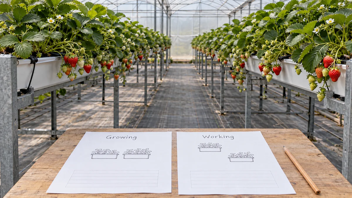 Strawberry gutters with separate sketches of growing and working positions
