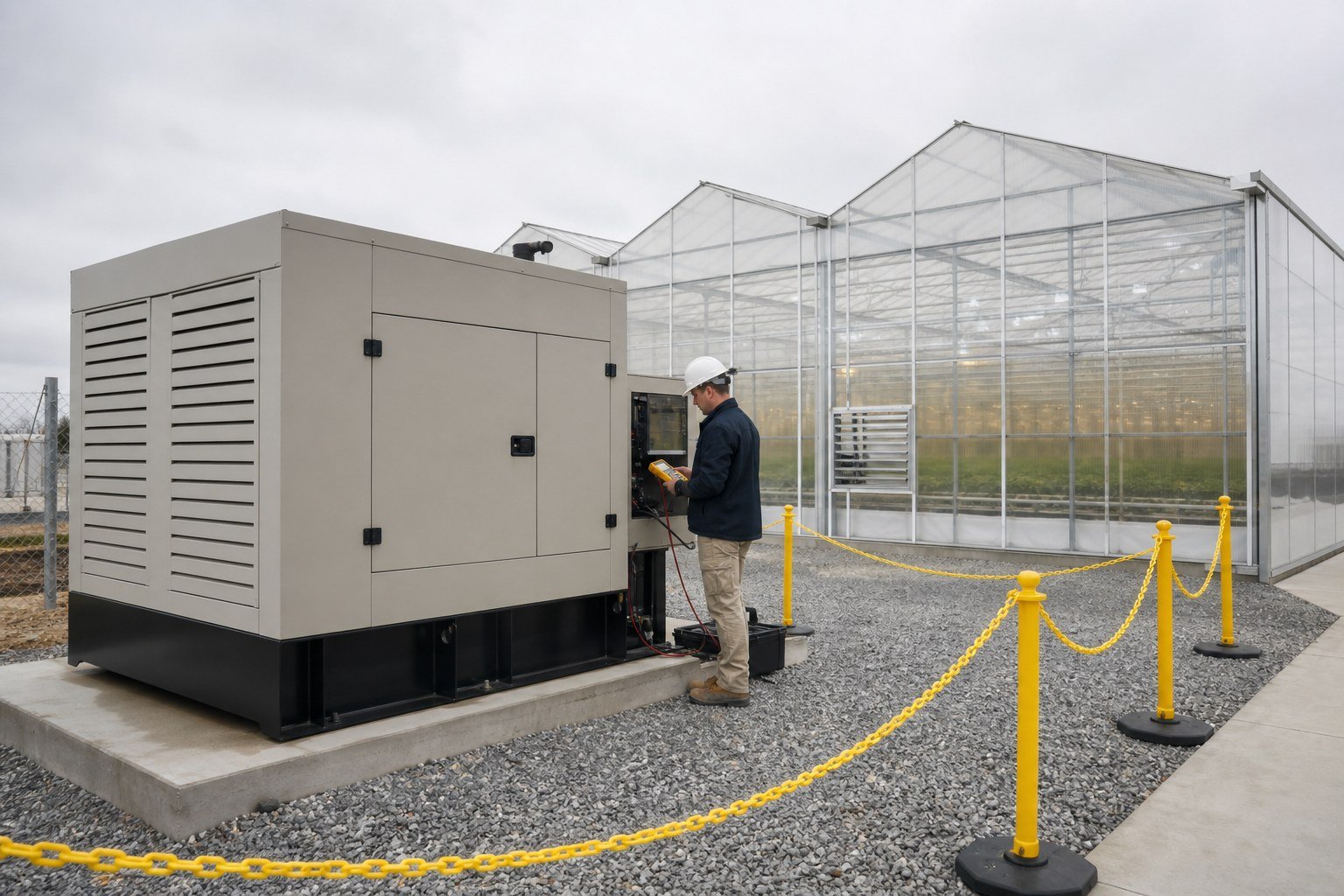 Qualified technician conducting a controlled standby generator test outside a commercial greenhouse