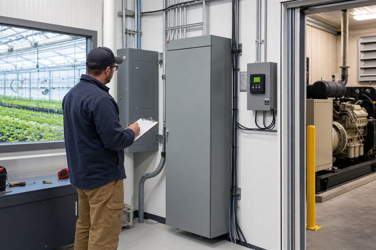 Technician inspecting commercial greenhouse electrical panels, automatic transfer equipment, and standby generator