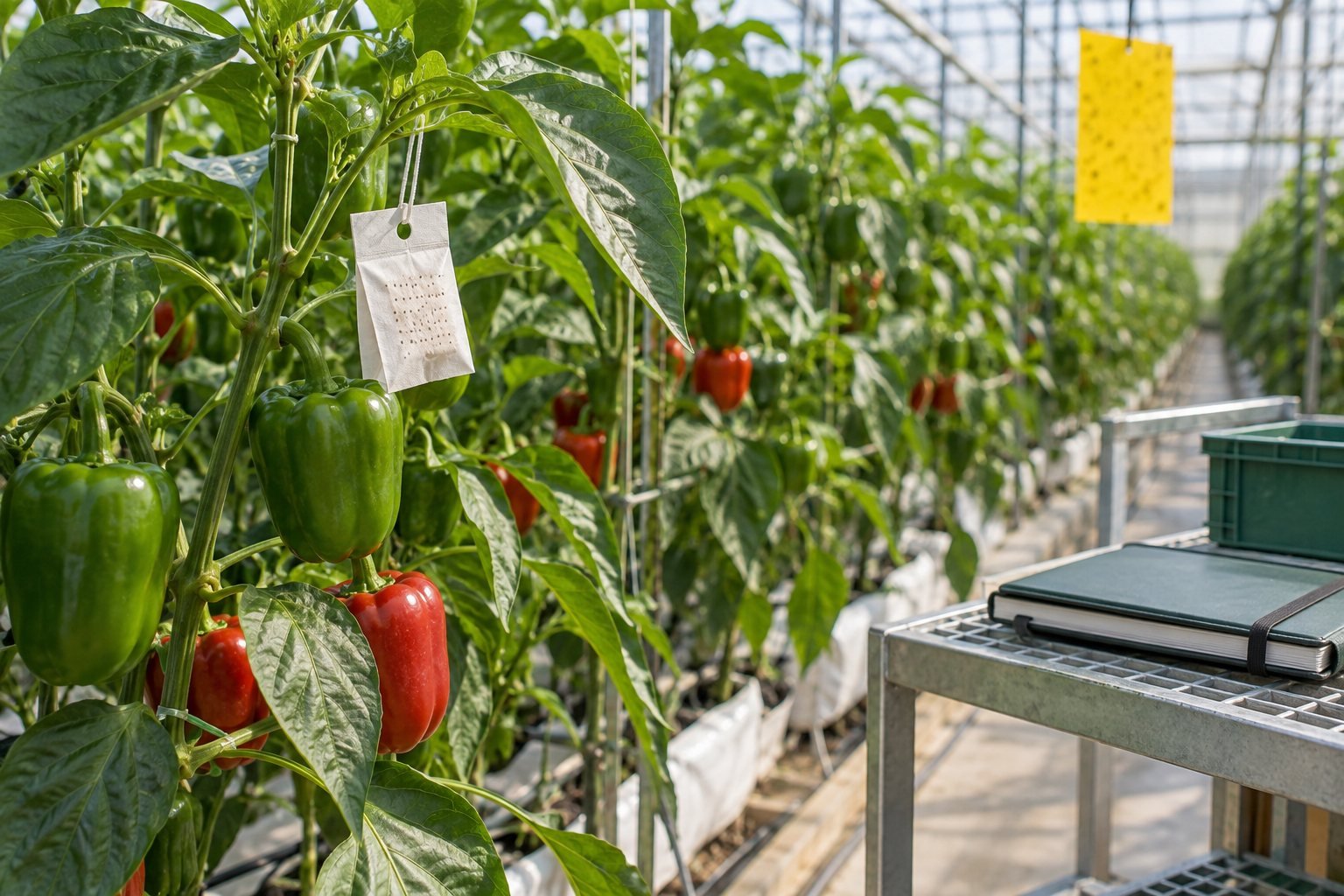 Illustration of a biological-control release sachet in a pepper crop with a monitoring record nearby