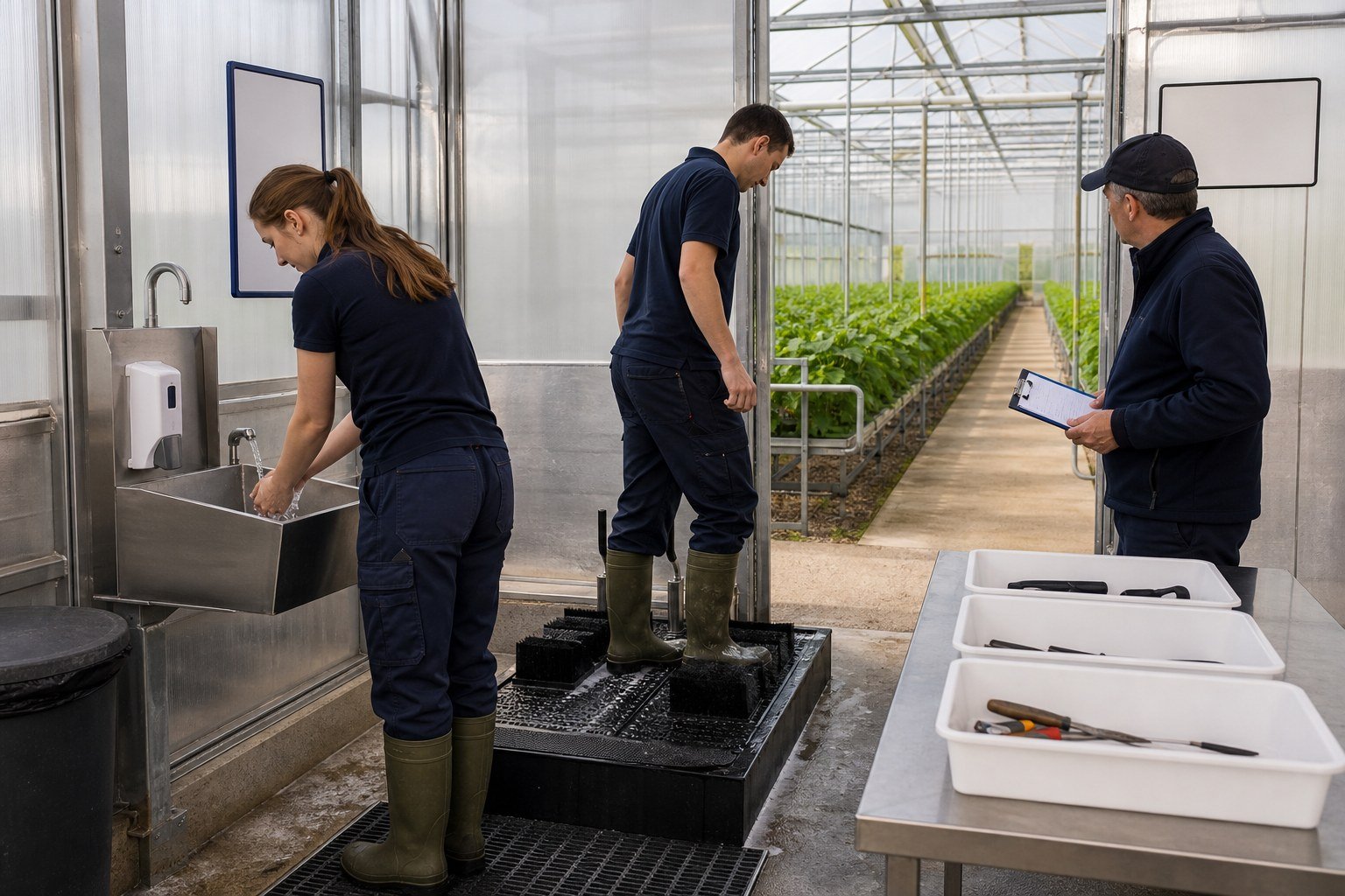 Greenhouse staff washing hands, cleaning footwear and separating tools at a crop entry point