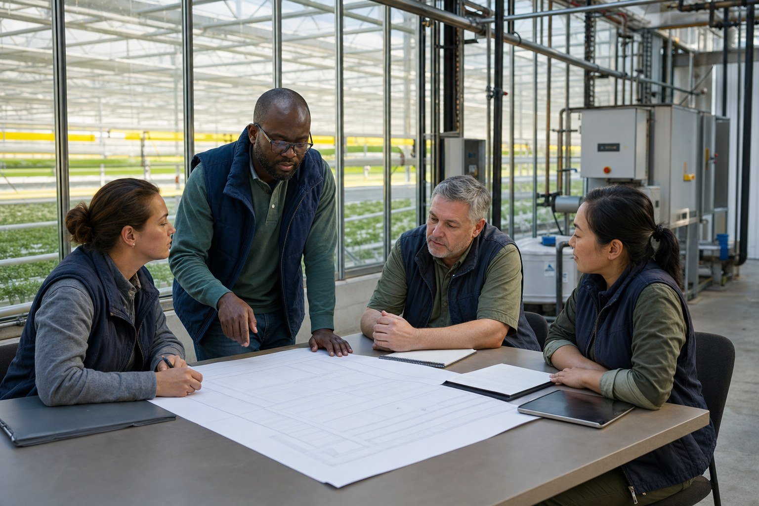 Greenhouse managers reviewing an emergency site plan beside the production area