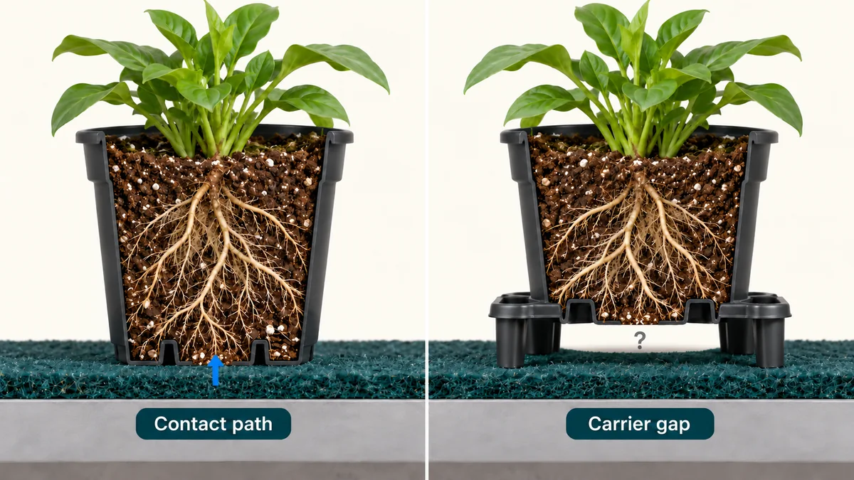 Conceptual pot bases showing continuous and interrupted capillary mat contact paths