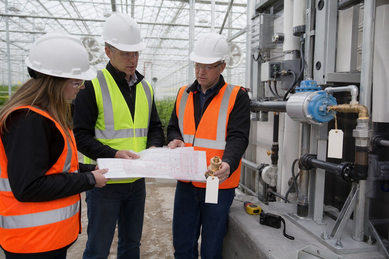 Project team comparing a proposed greenhouse equipment interface change with controlled drawings on site