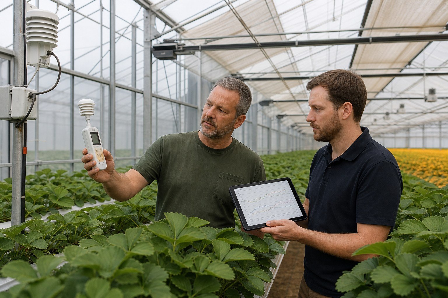 Grower and controls technician comparing crop-level instruments with greenhouse trend data