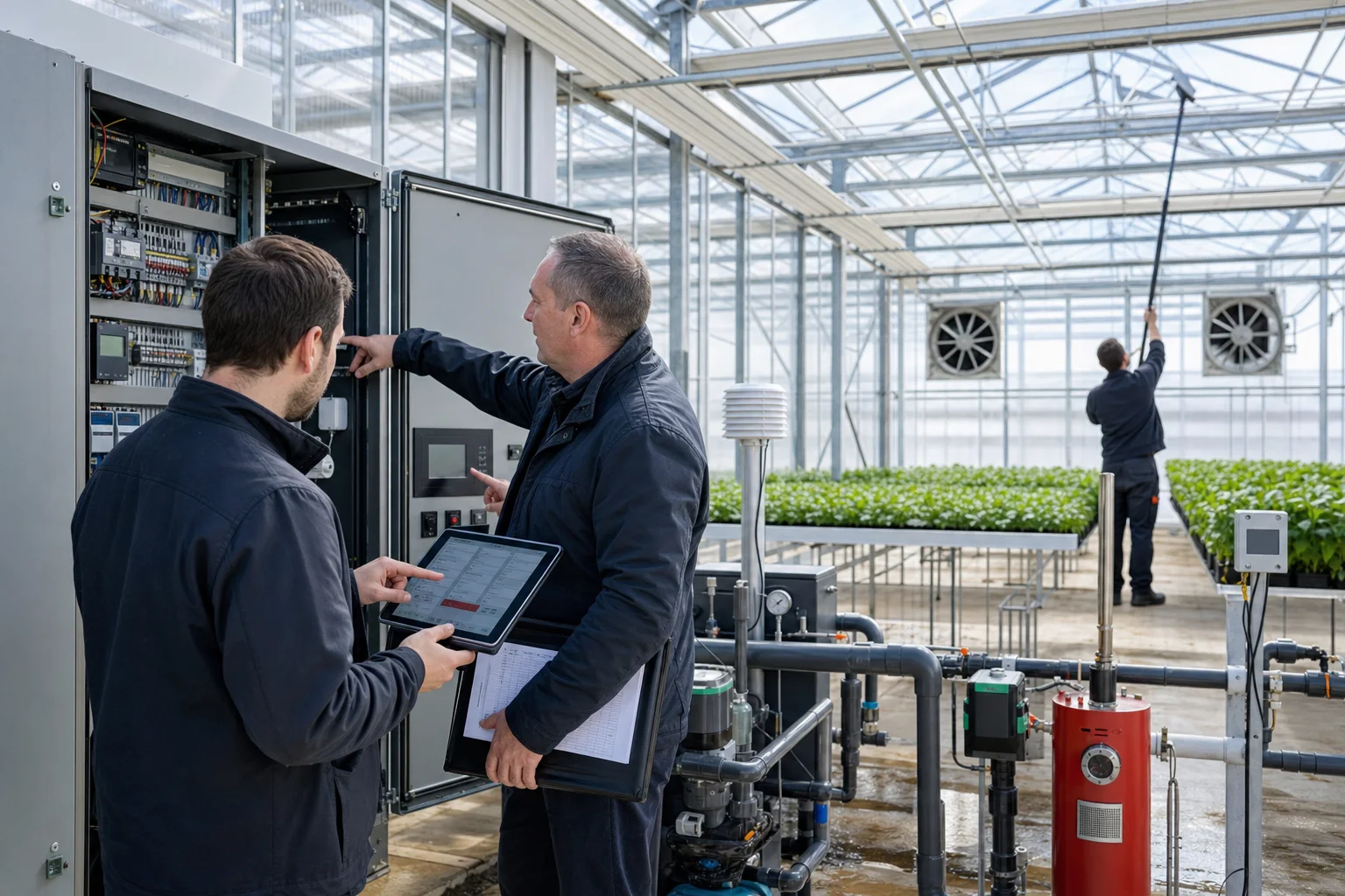 Commissioning team testing greenhouse controls, sensors, ventilation, and irrigation equipment