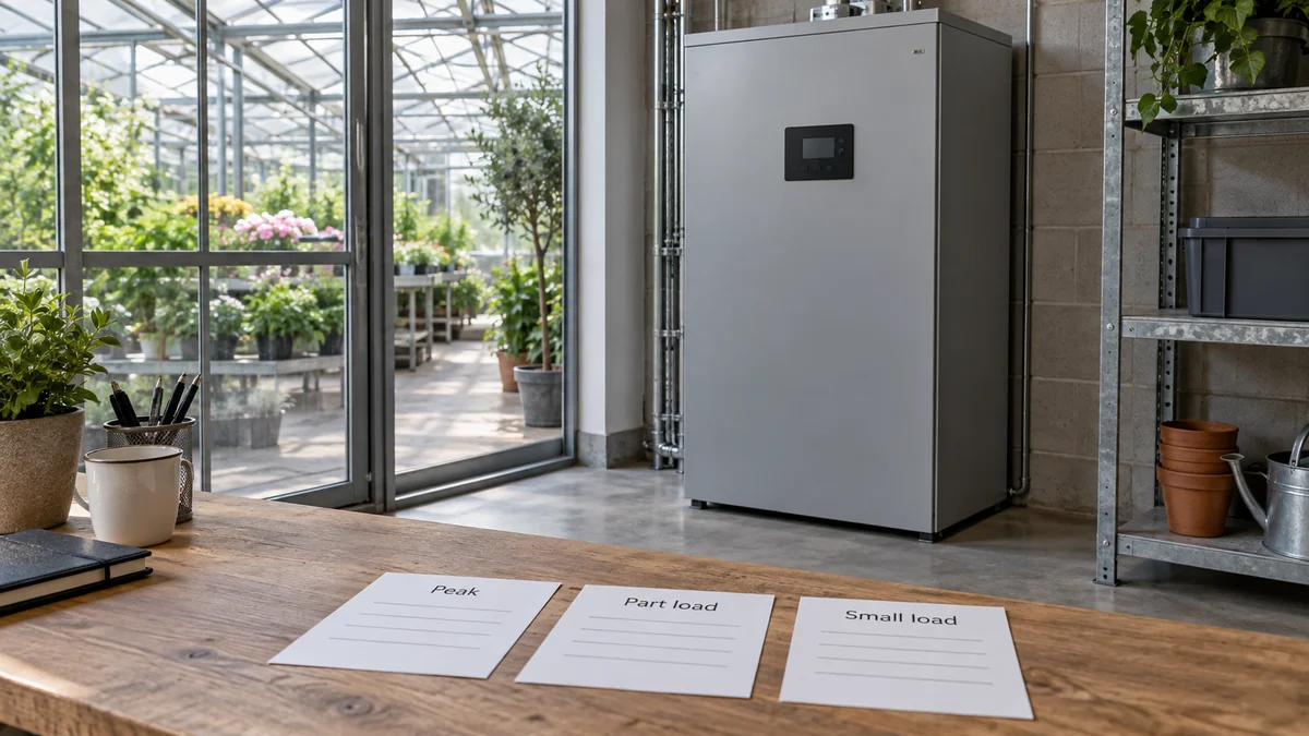 Conceptual boiler beside separate peak, part-load and small-load evidence cards