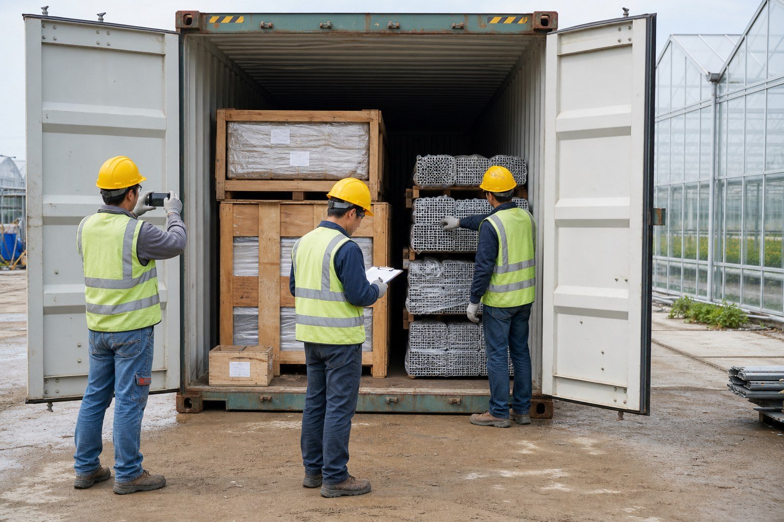 Receiving team photographing and counting greenhouse component packages in an opened shipping container