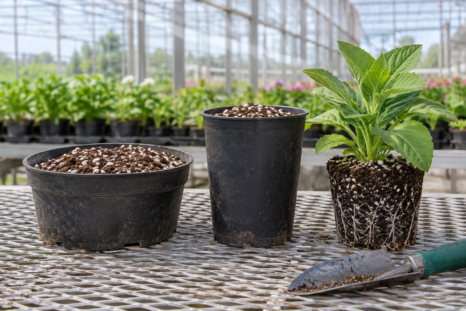 Illustration of shallow and tall nursery containers beside an exposed root plug on a greenhouse bench