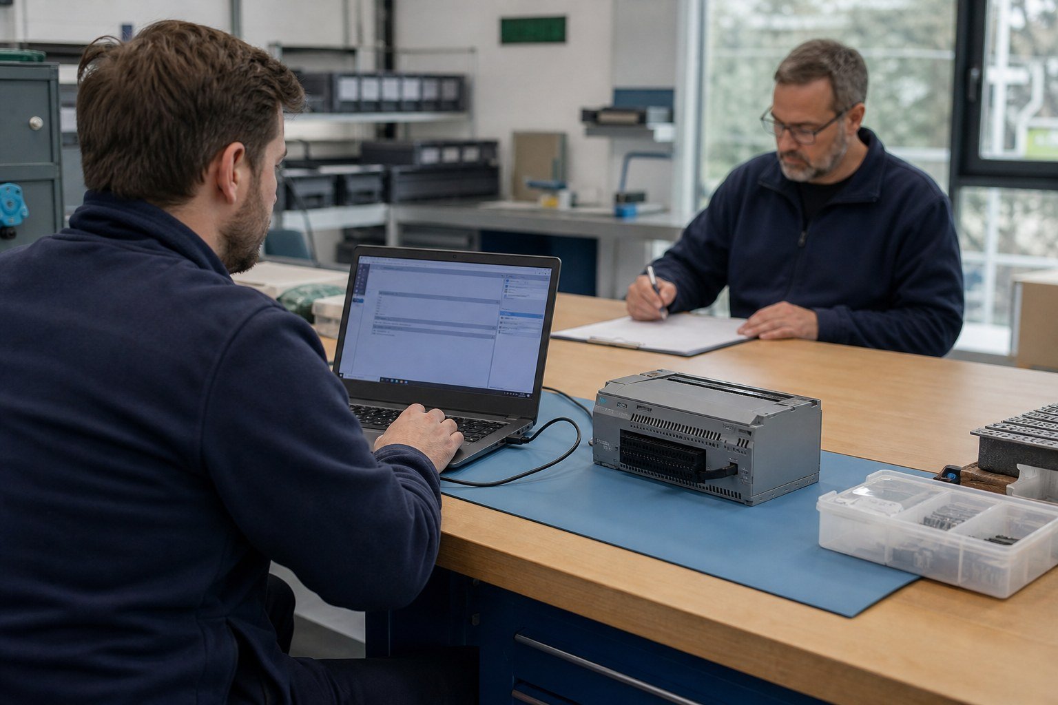 Greenhouse controls engineer performing a documented backup restore test on a spare controller