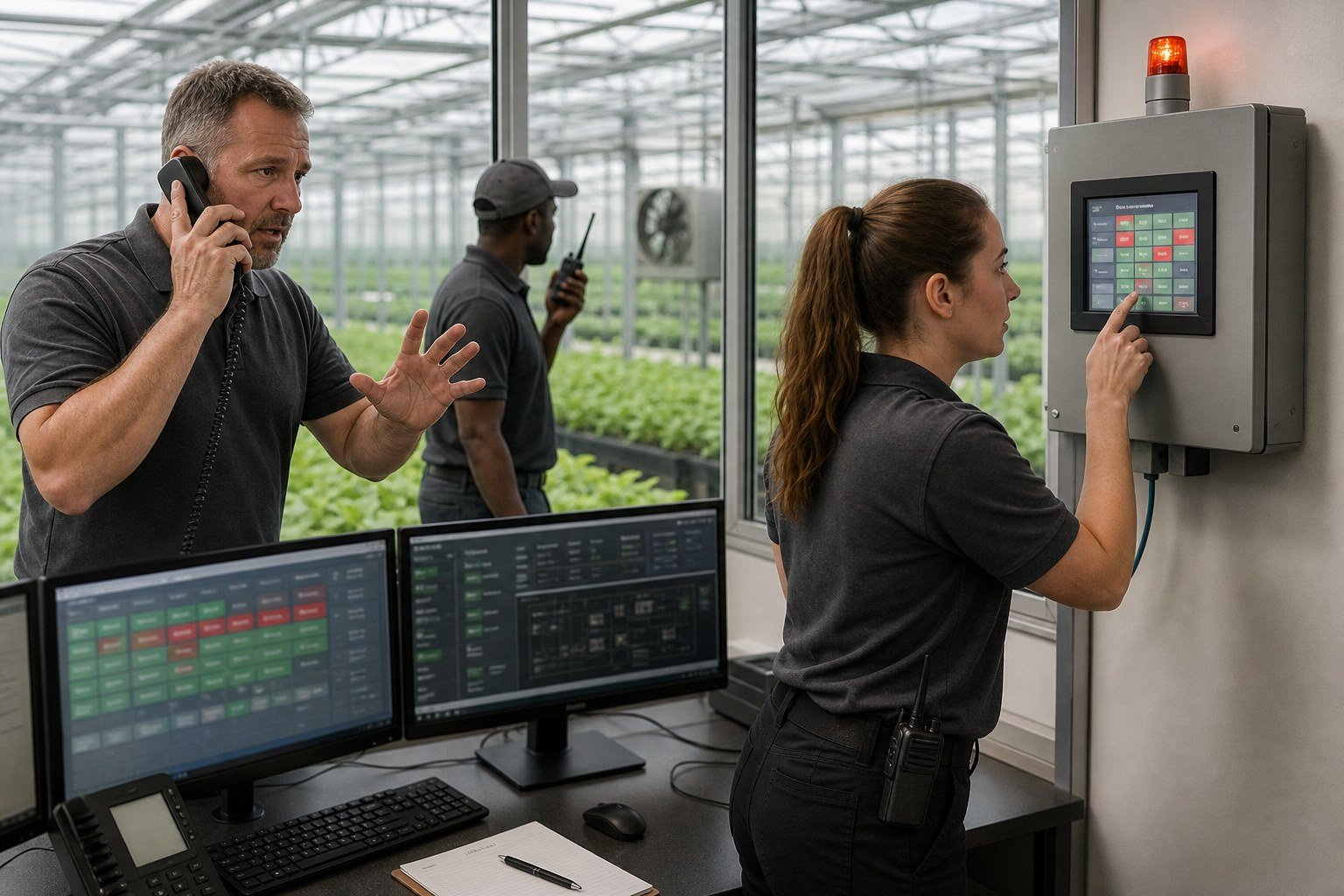 Greenhouse operations team responding to a controls alarm through the control panel, phone and radio
