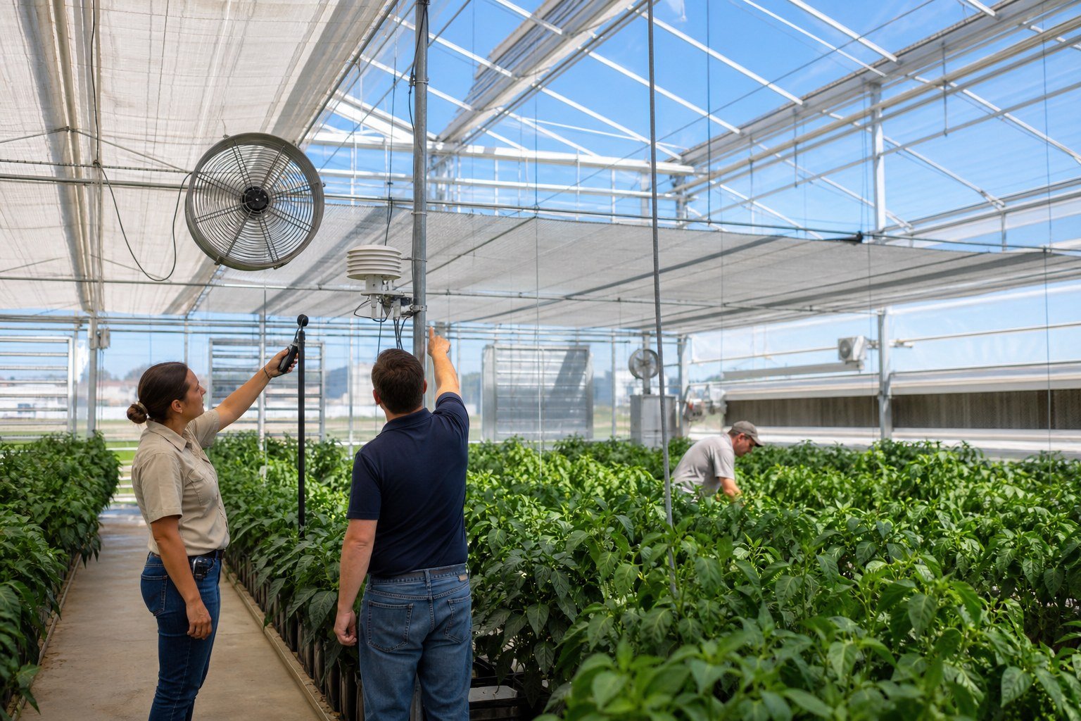 Greenhouse team checking ventilation, shading and crop-zone sensors during a hot-weather drill