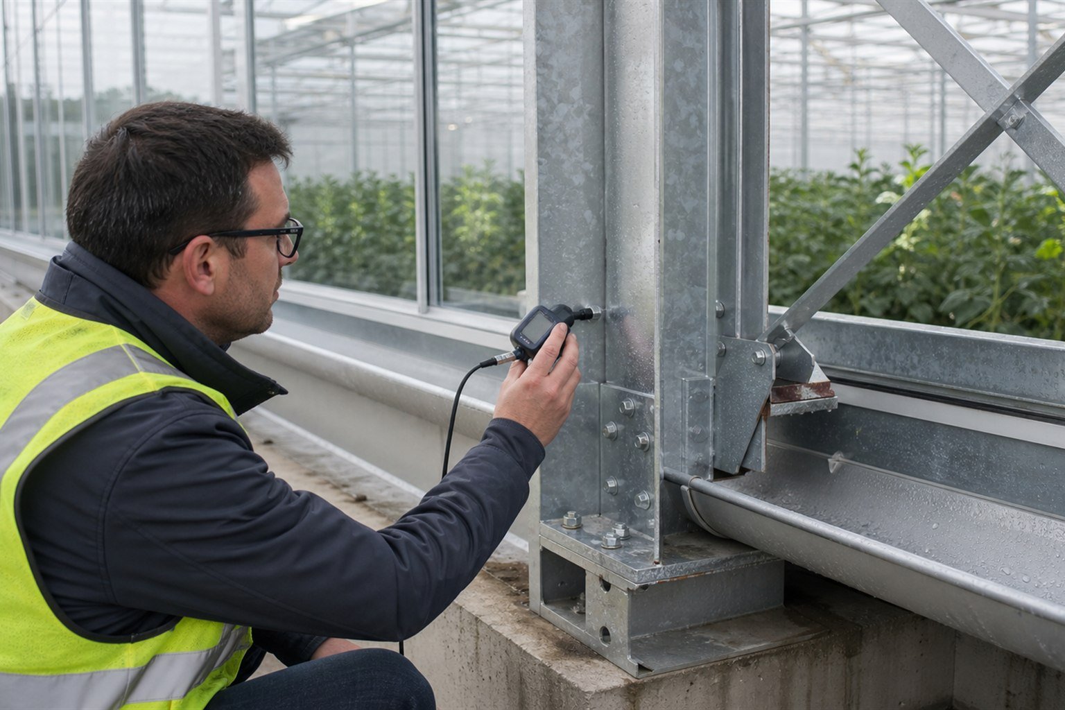 Inspector checking galvanized greenhouse steel and a bolted connection with a coating thickness gauge