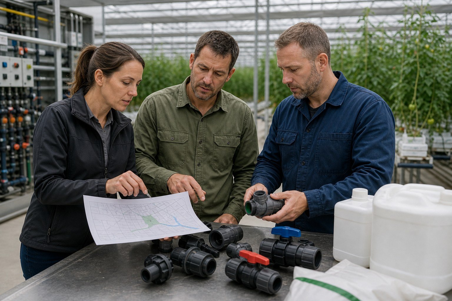 Greenhouse procurement and growing team reviewing critical supplies and delivery routes