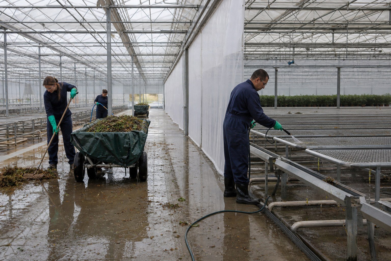 Workers removing crop debris and cleaning benches in an empty greenhouse bay