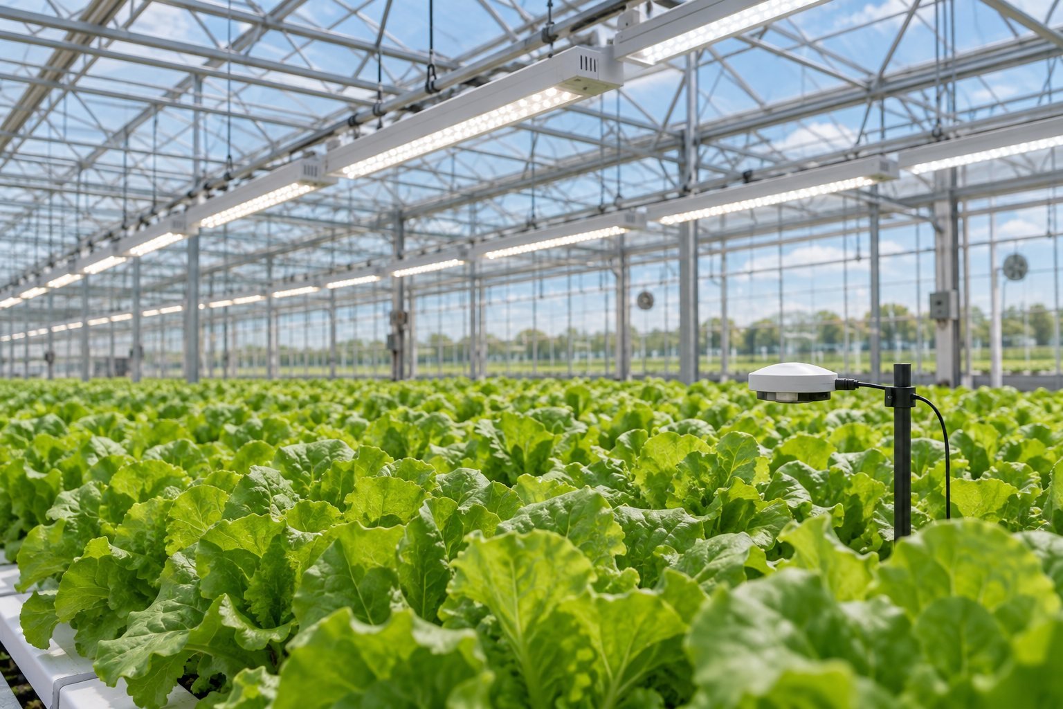 Illustration of a light sensor at lettuce canopy height beneath supplemental greenhouse lights