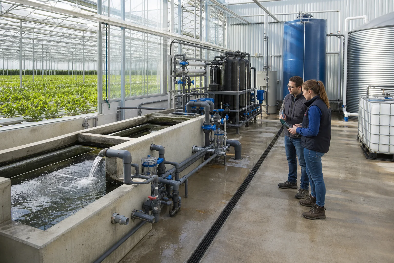 Greenhouse water-reuse area with separate collection, filters, treatment tanks, storage, and sampling points