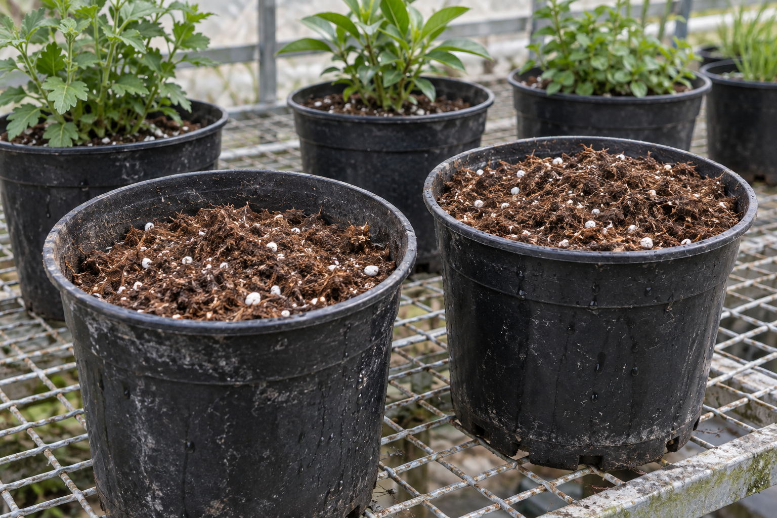 Nursery pots containing fibrous growing medium and perlite on a greenhouse bench.