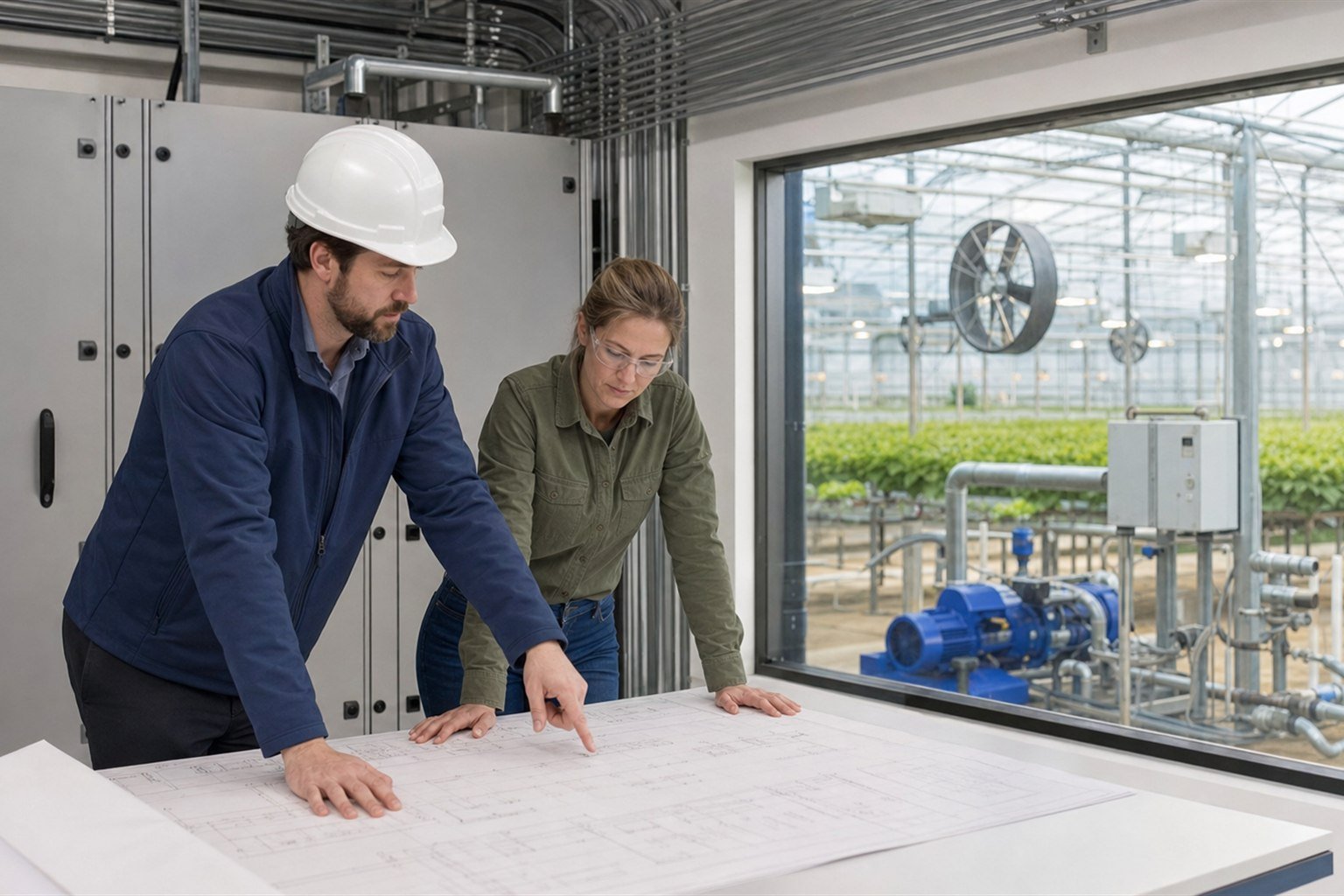 Electrical engineer and greenhouse controls specialist reviewing a one-line drawing beside panels, fans, and irrigation pumps