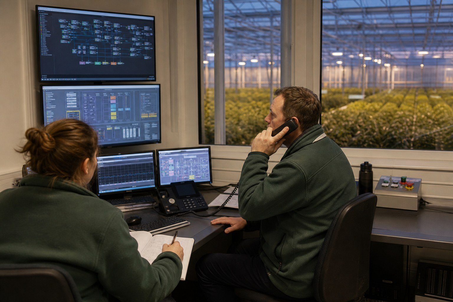 Greenhouse duty manager testing an emergency call tree from the control room
