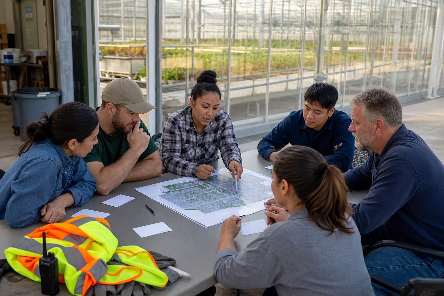 Greenhouse team conducting a calm after-action review after an emergency drill