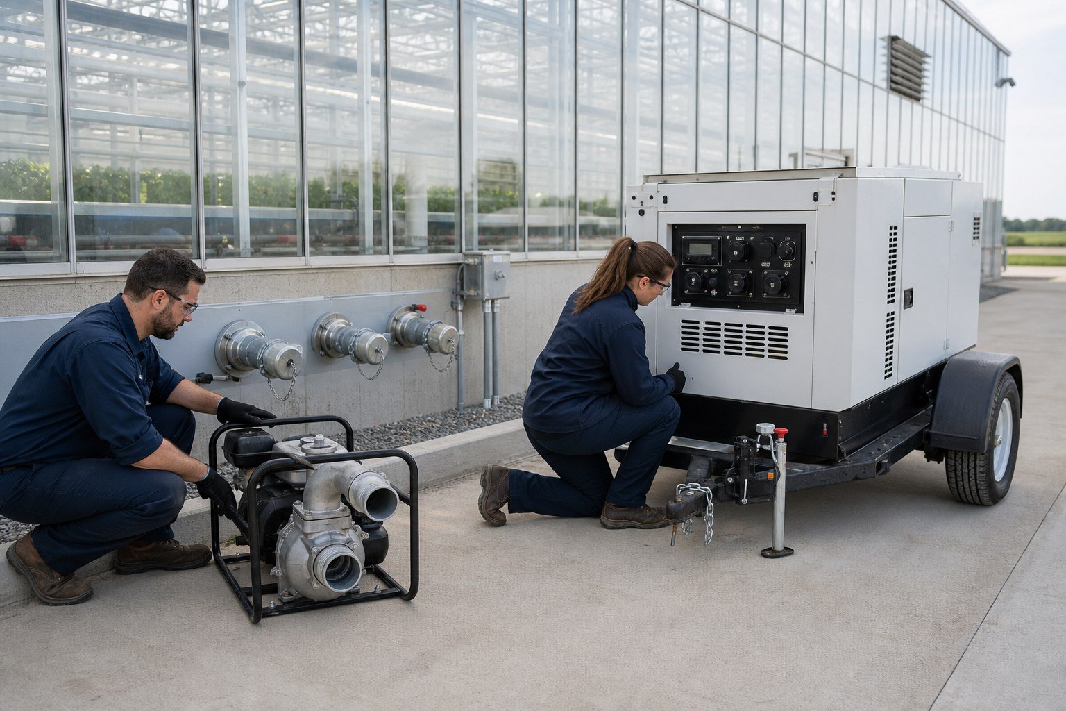 Greenhouse maintenance team checking temporary pump and generator connection points