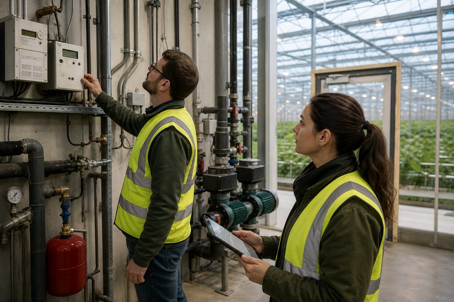 Energy engineer and operations manager checking meters in a greenhouse mechanical room