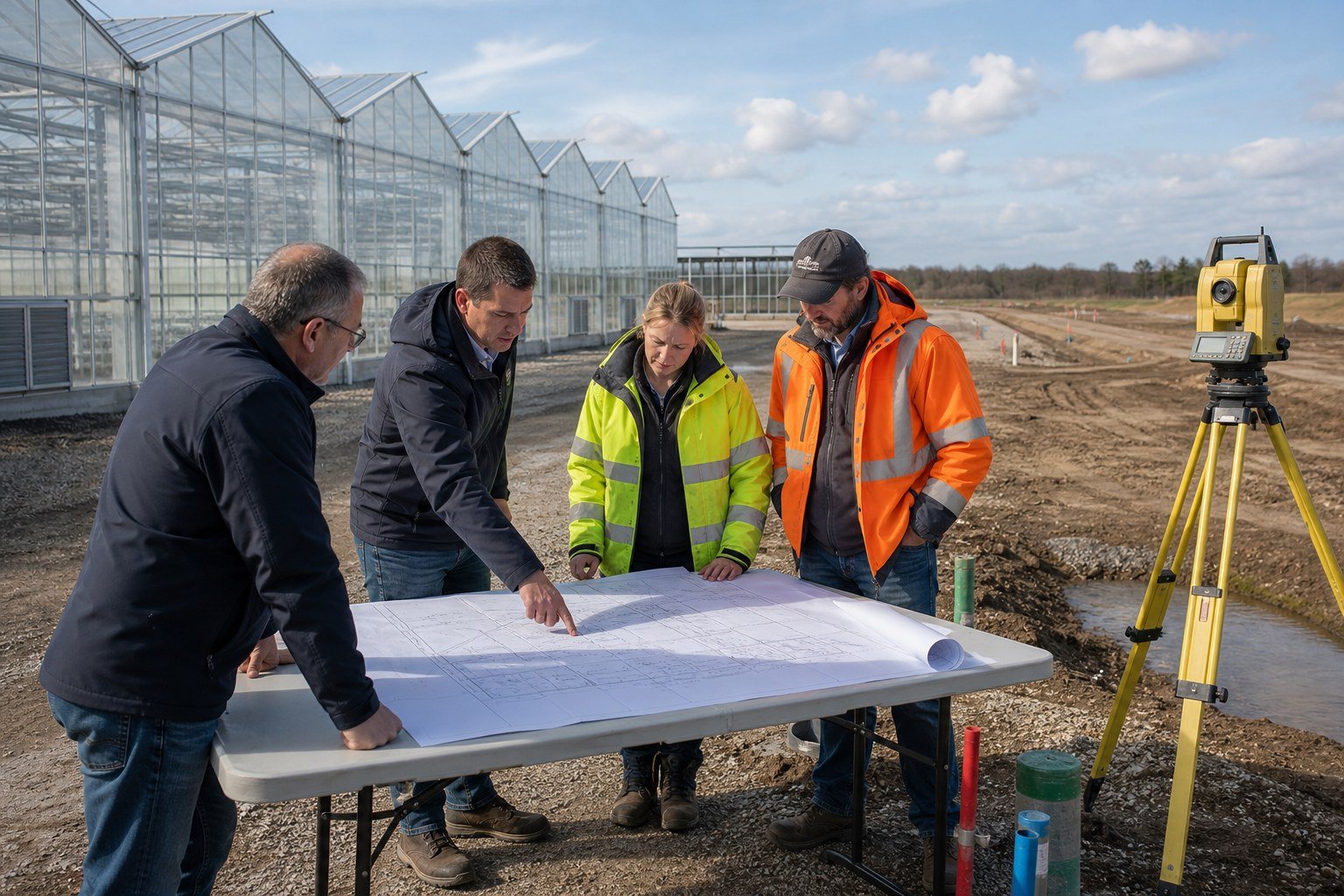 Owner, engineer, utility specialist and surveyor reviewing a greenhouse expansion site