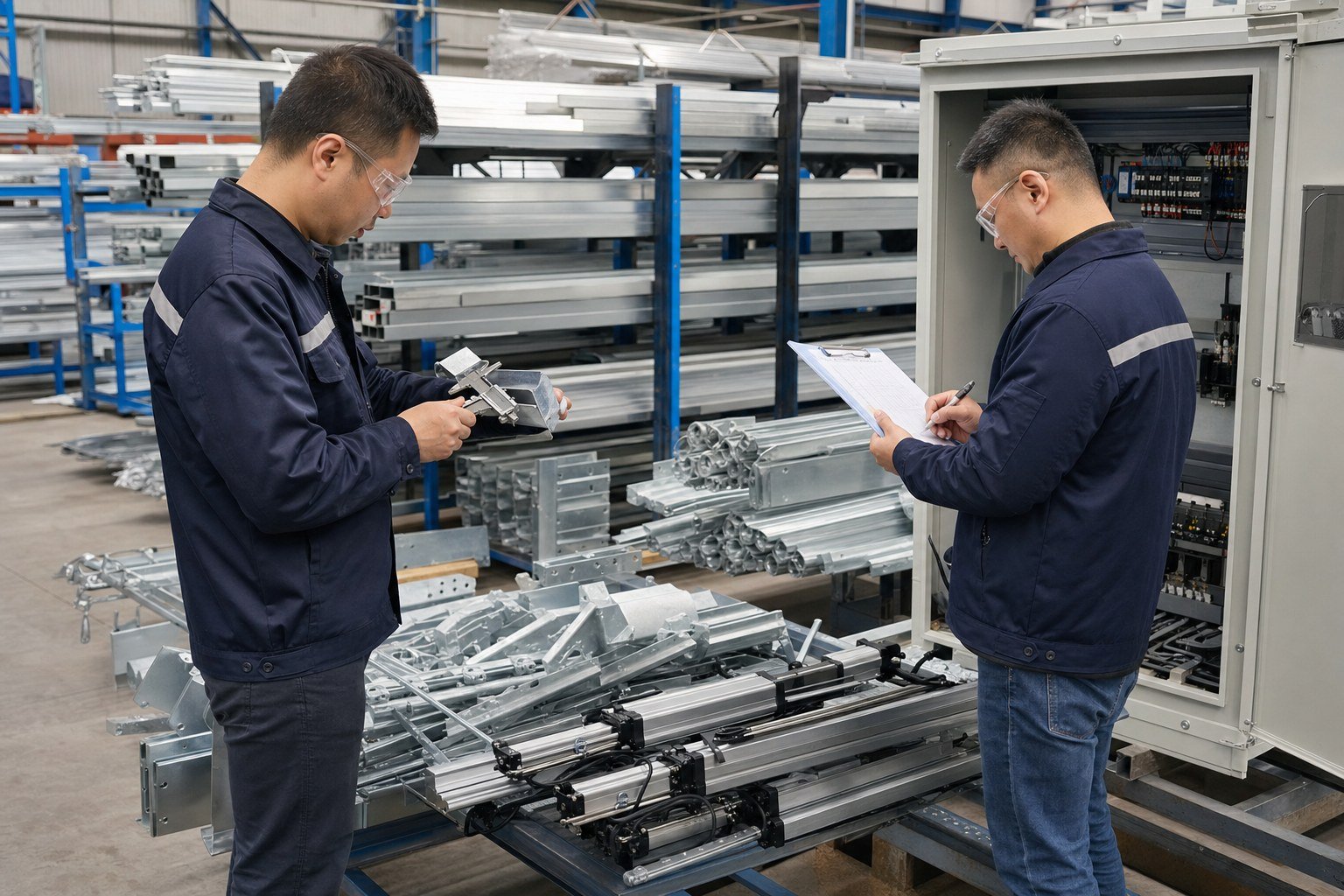 Inspectors checking greenhouse steel components, vent drives, and a control cabinet before shipment
