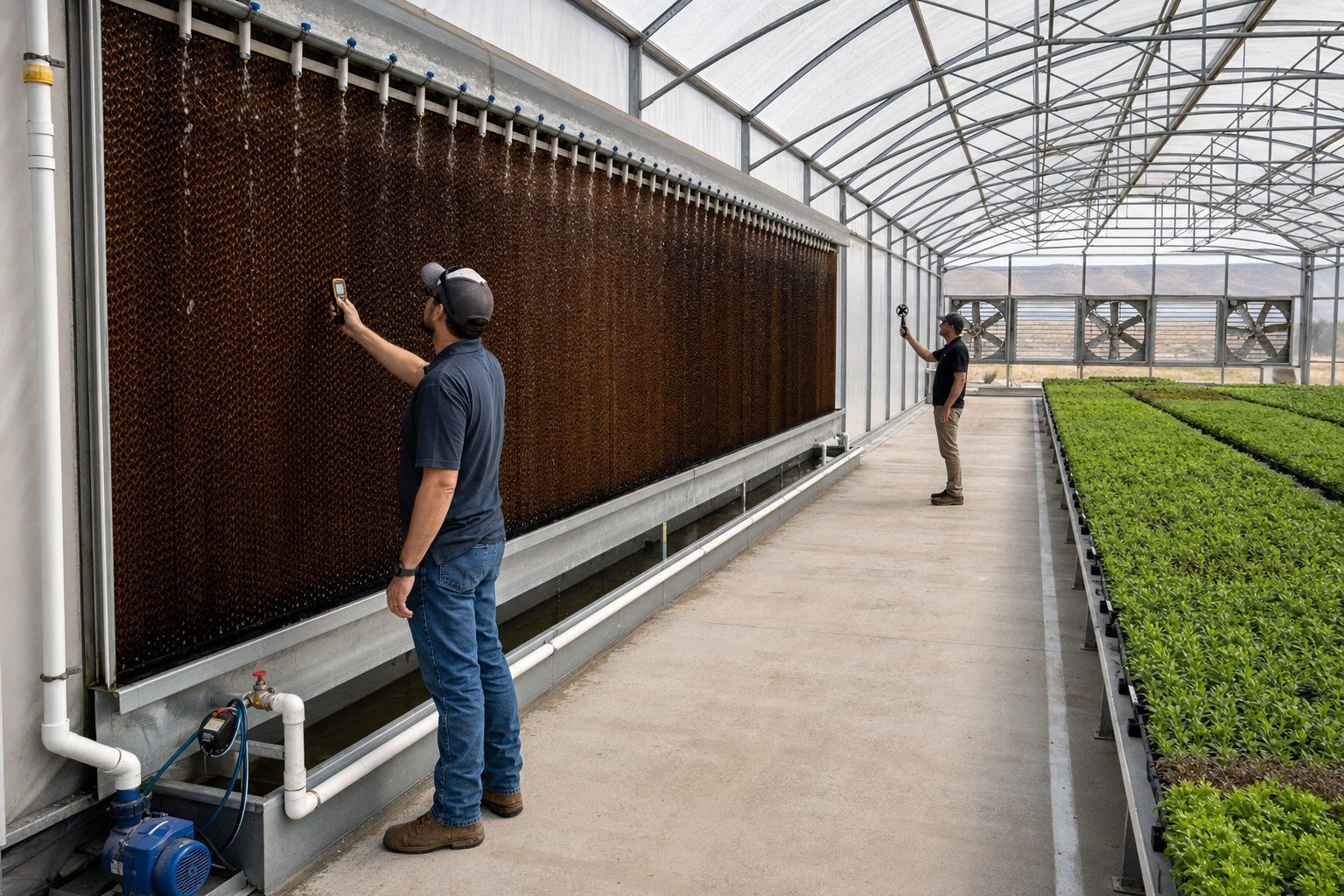 Technicians checking uniform wetting and airflow across a greenhouse evaporative cooling pad with exhaust fans opposite