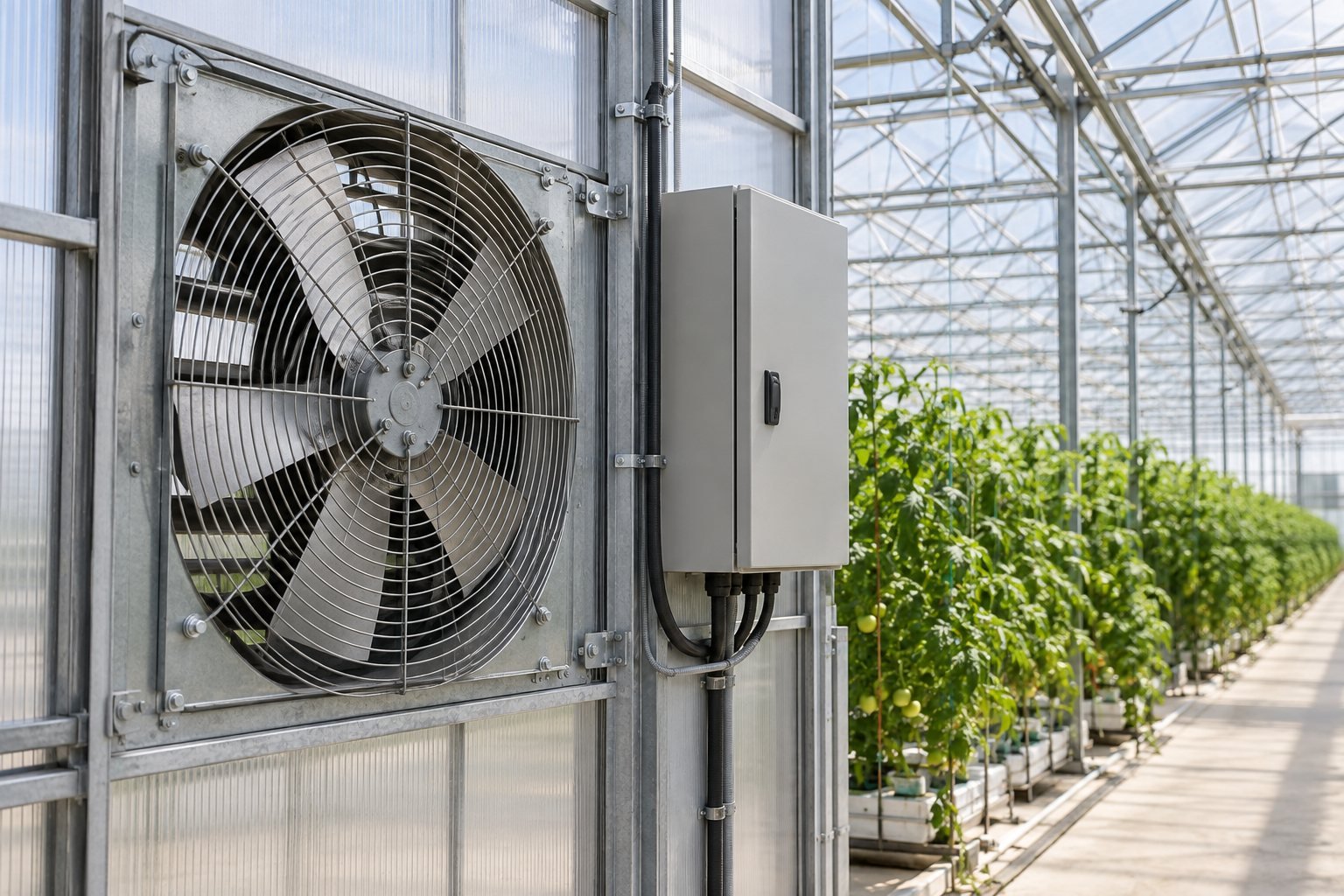 Illustration of greenhouse exhaust fans beside a closed variable-speed control enclosure