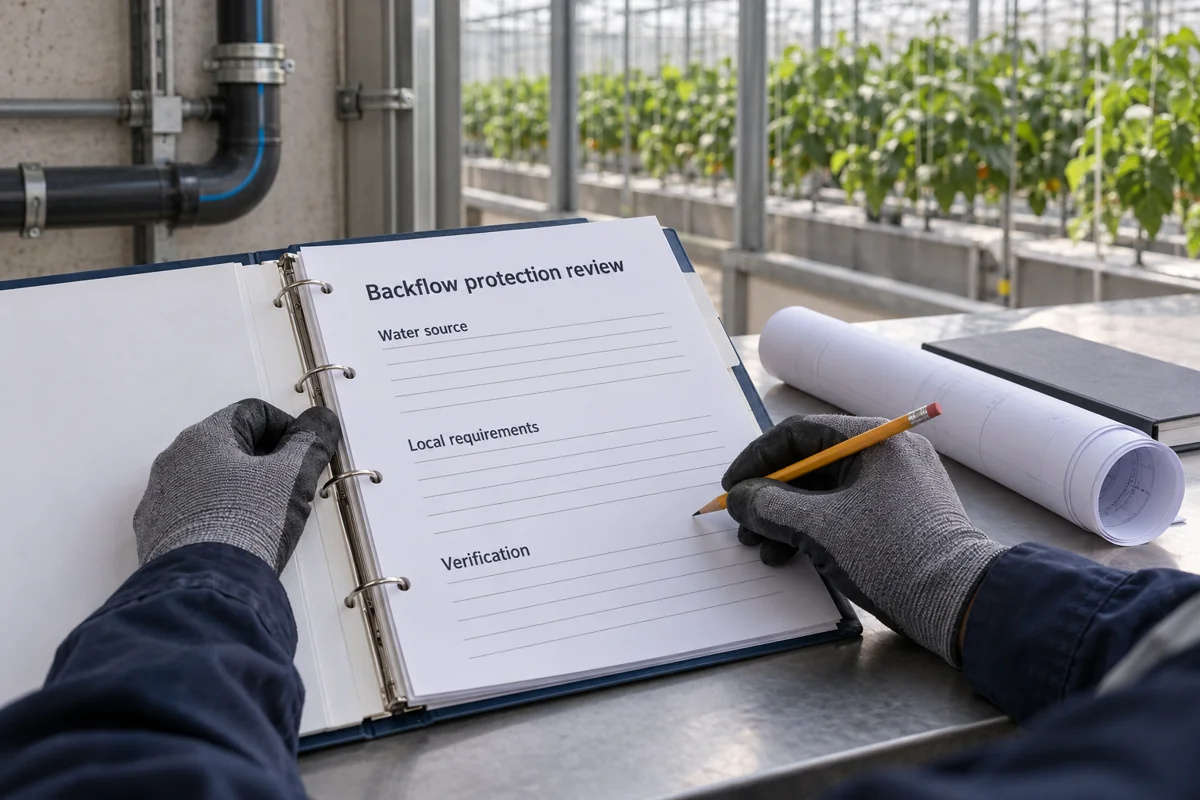 Blank backflow protection checklist reviewed beside a greenhouse water supply
