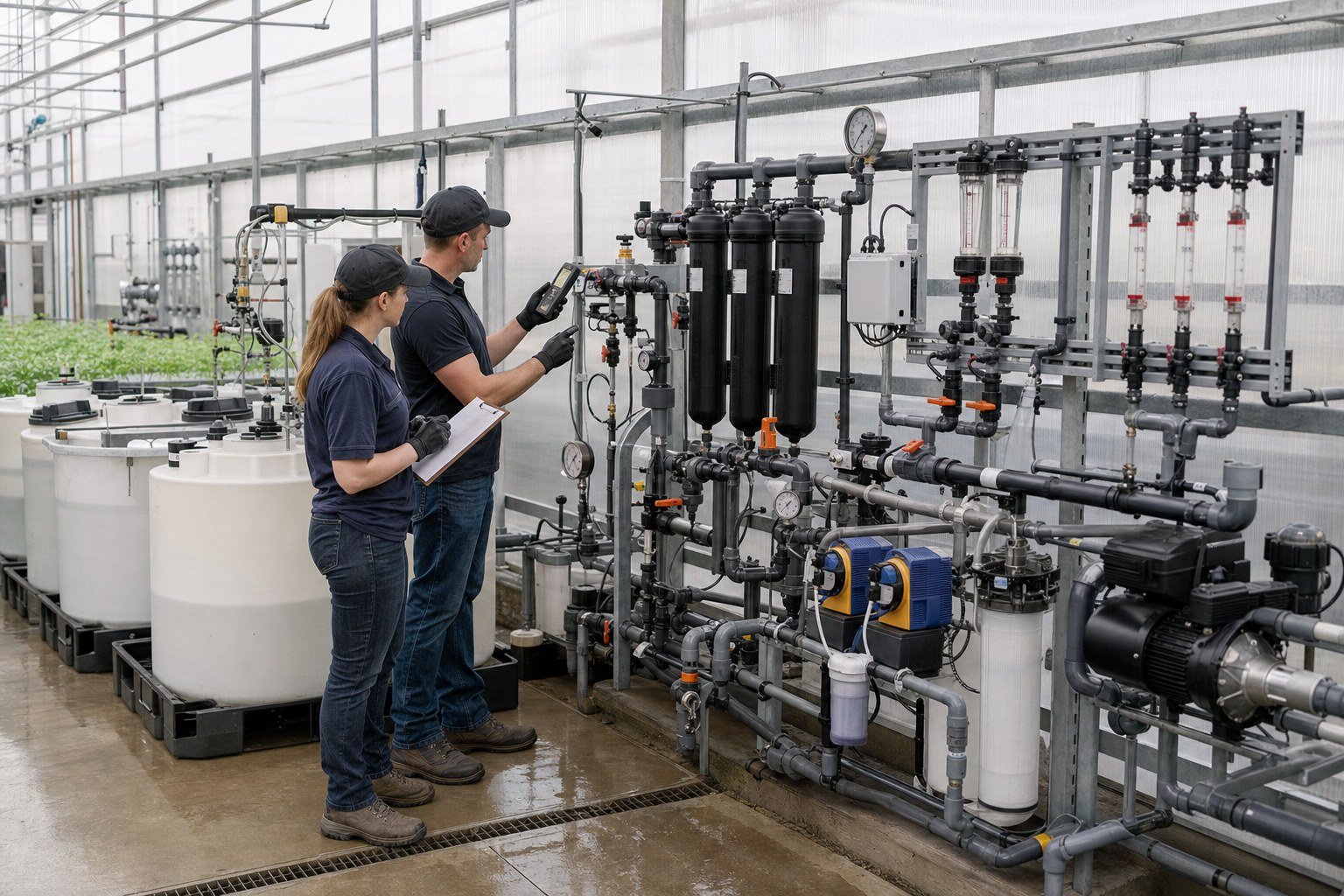 Operators inspecting stock tanks, dosing pumps, filters, flow meters, and EC and pH instruments in a greenhouse fertigation room