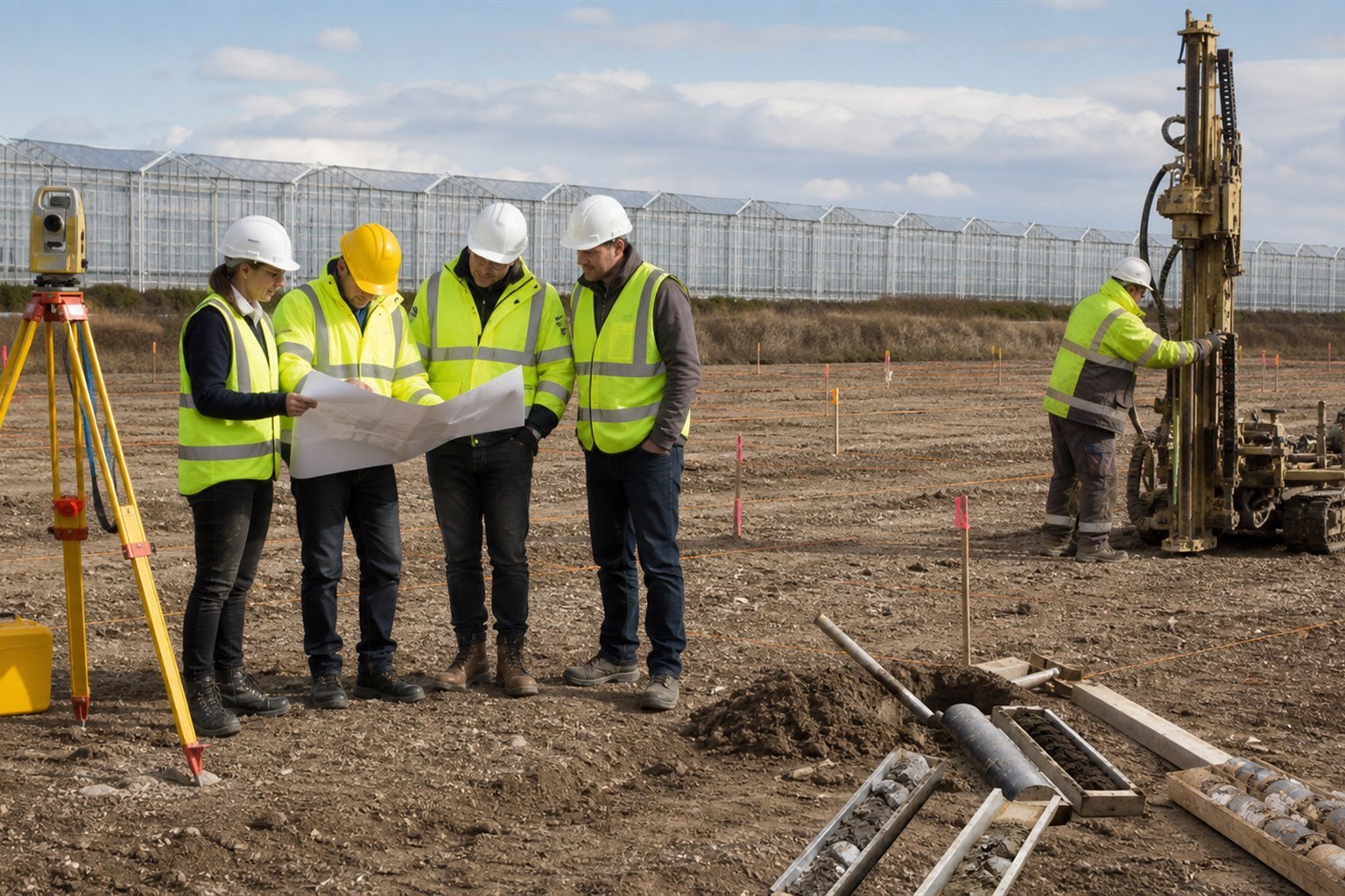 Geotechnical and greenhouse project team reviewing soil cores, survey points, and a foundation grid at a proposed site