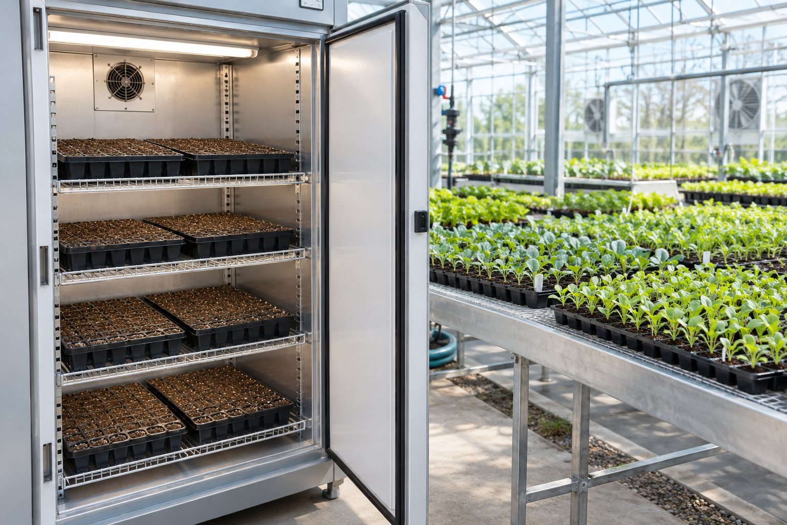 Illustration of seed trays inside a germination cabinet beside nursery benches