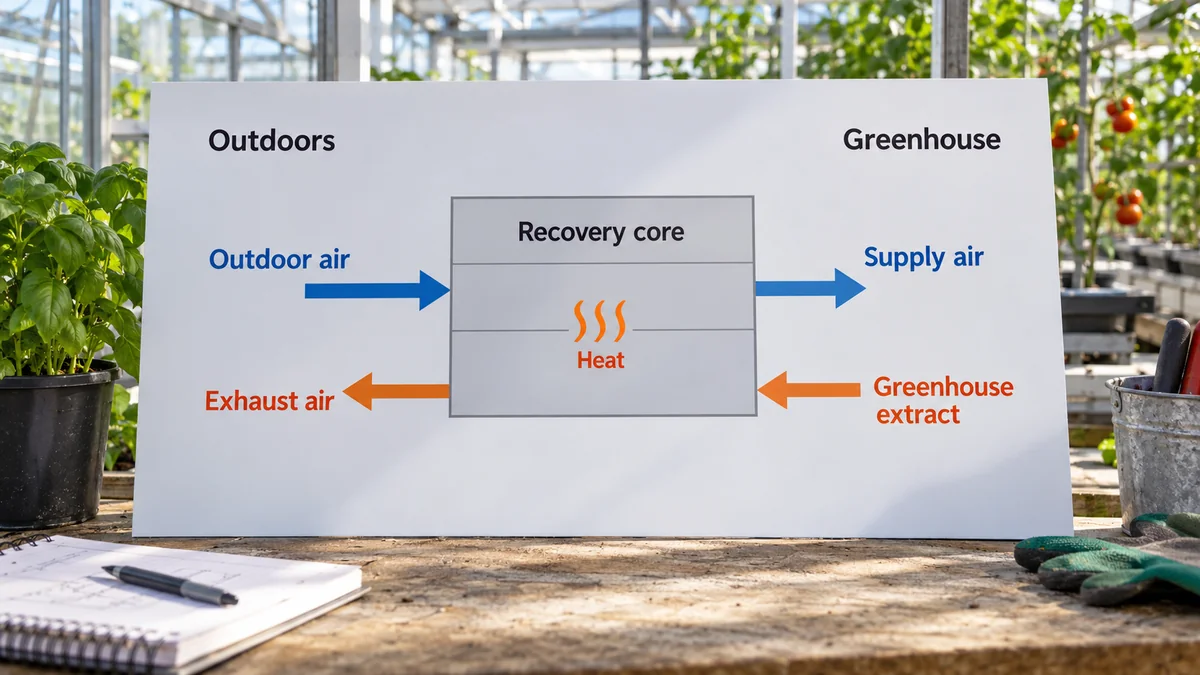 Conceptual recovery core with outdoor, supply, greenhouse-extract and exhaust air streams