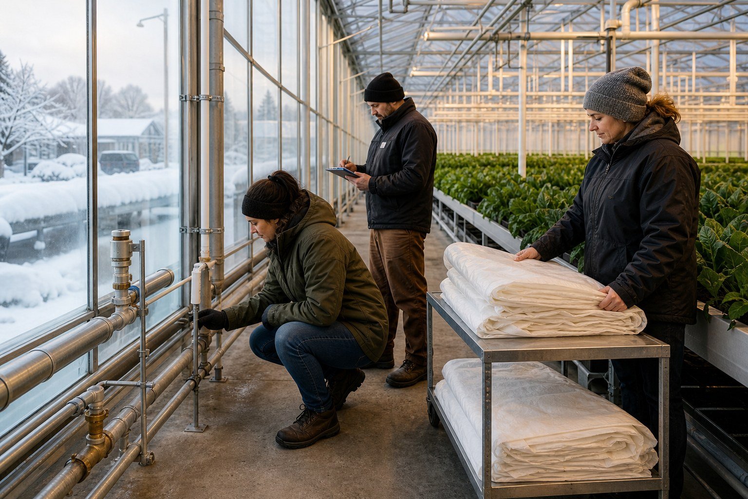 Greenhouse team checking heating status and crop-zone sensors during a winter drill