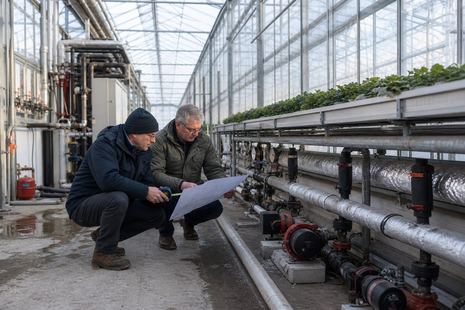 Heating specialists reviewing insulated hot-water pipes, pumps, valves, and the greenhouse envelope