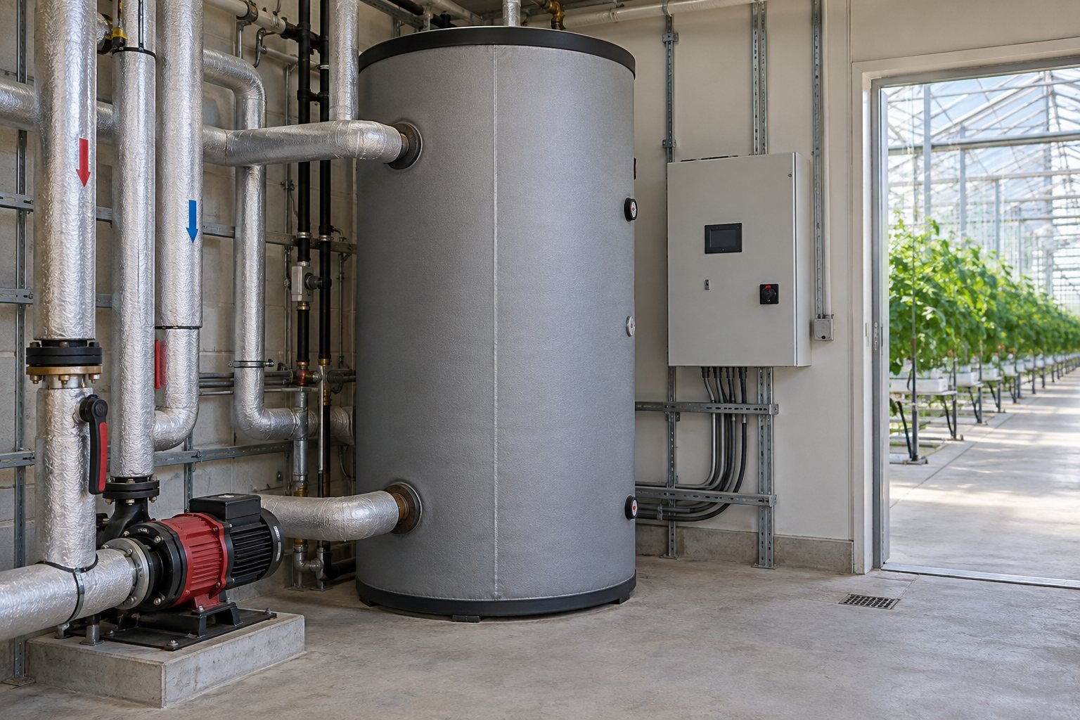 Illustration of insulated hydronic buffer tanks and heating pipework in a greenhouse utility area