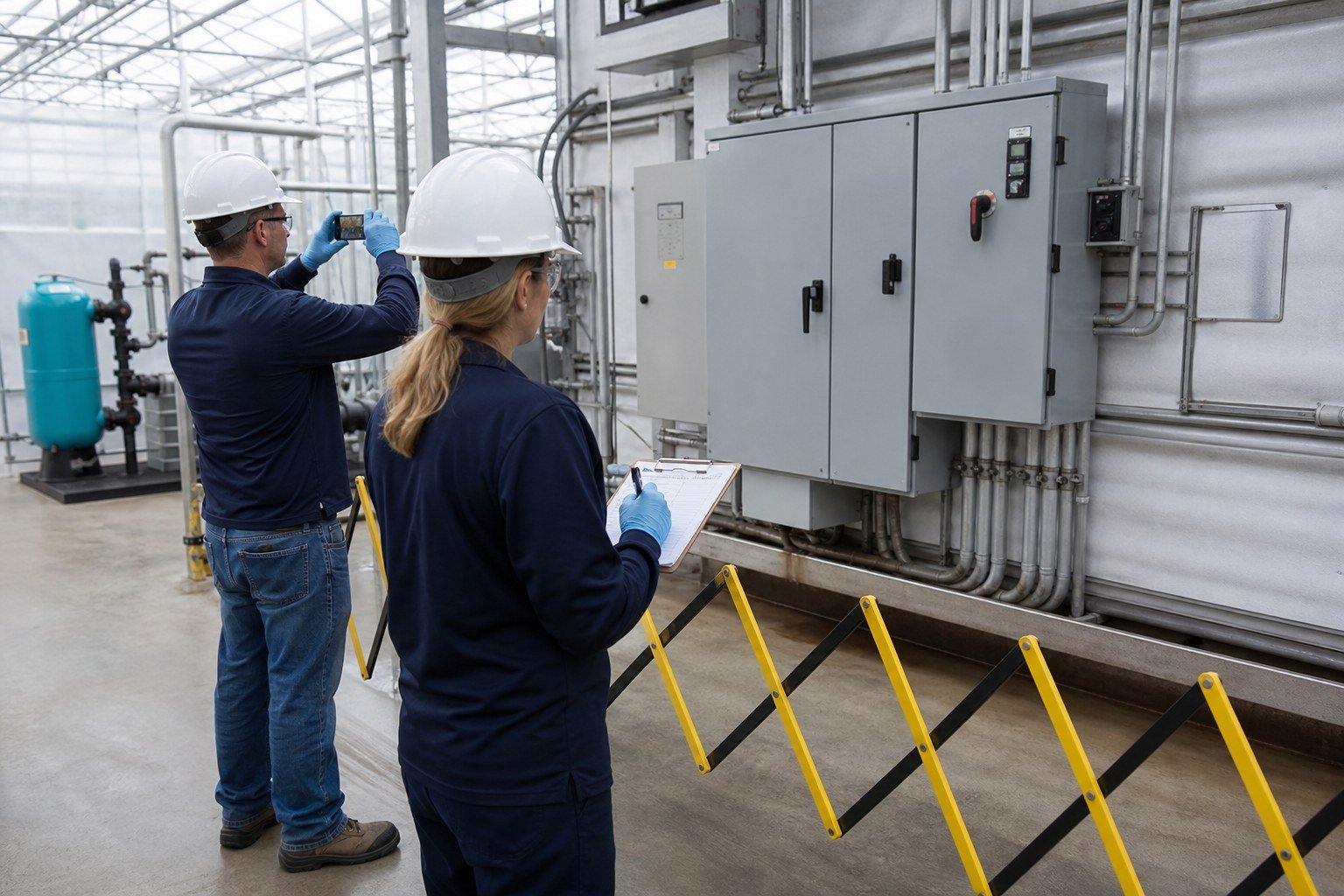 Authorized greenhouse team documenting equipment condition after an incident