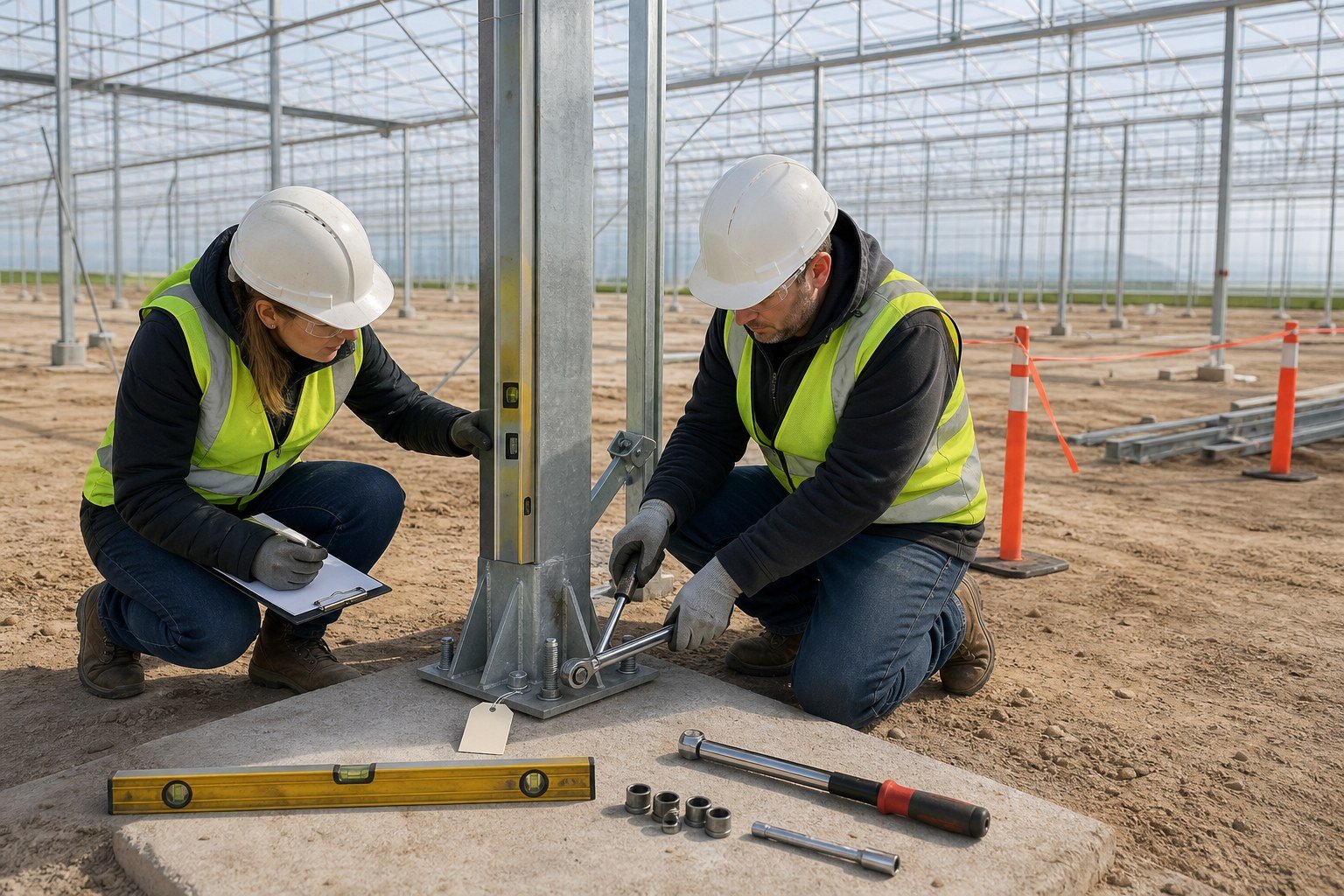 Quality inspector checking a greenhouse column base, level, and bolted connection before following work proceeds