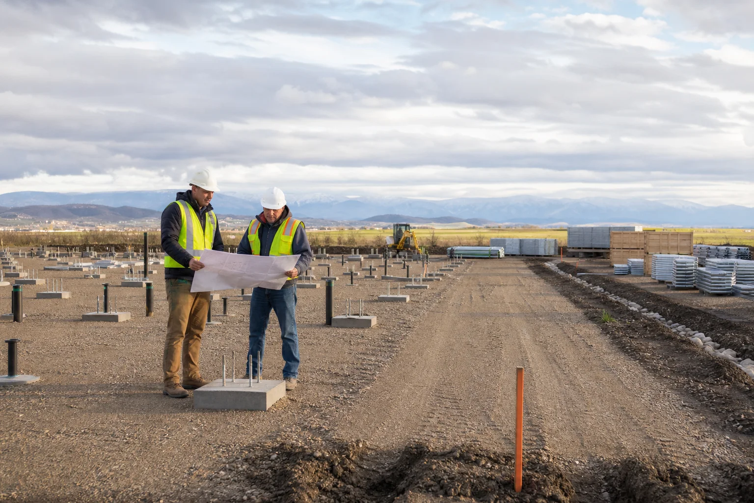 Greenhouse project manager and civil contractor reviewing foundations, access road, utilities, drainage, and material storage before installation