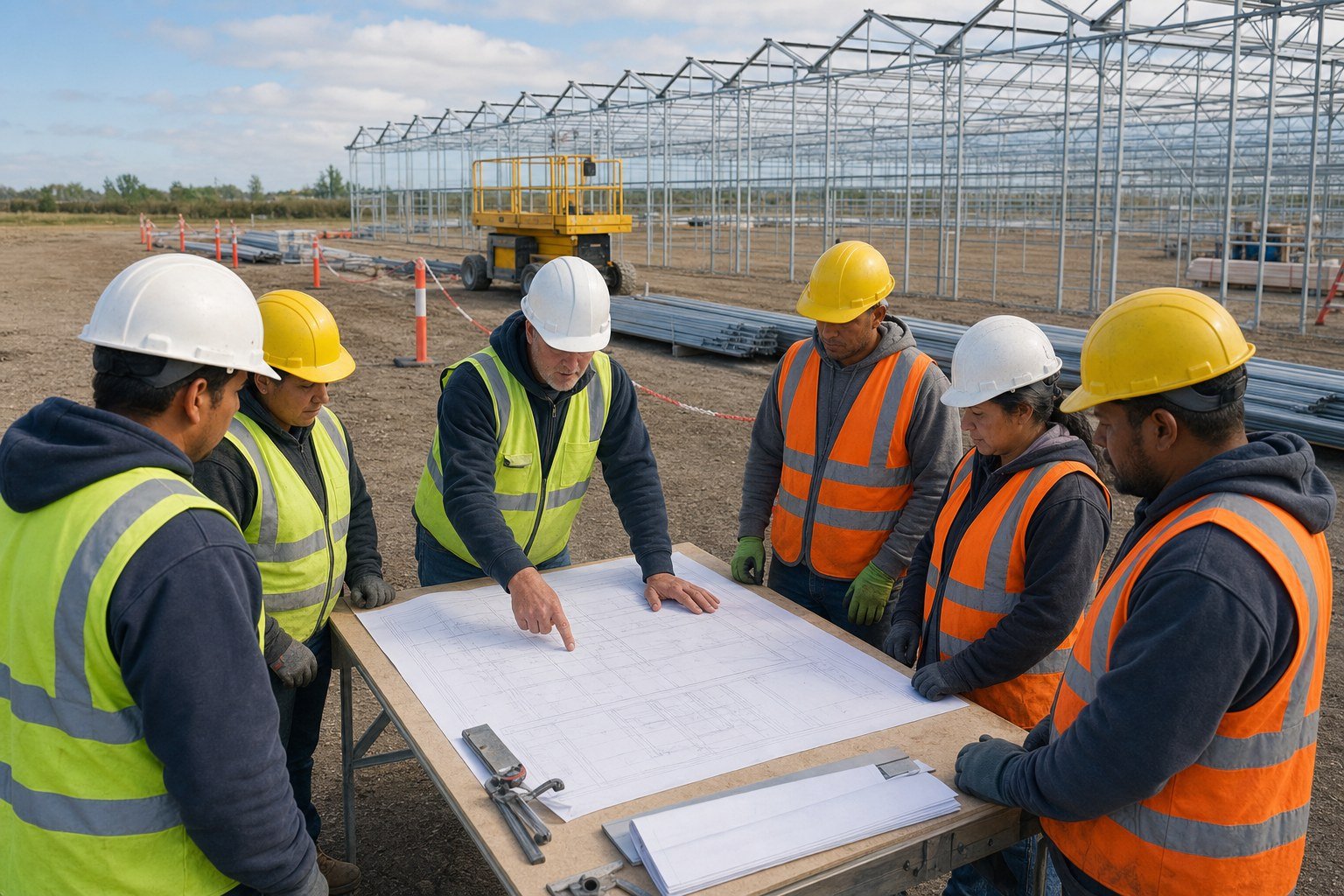 Greenhouse installation supervisor briefing a local crew beside an organized partially erected structure