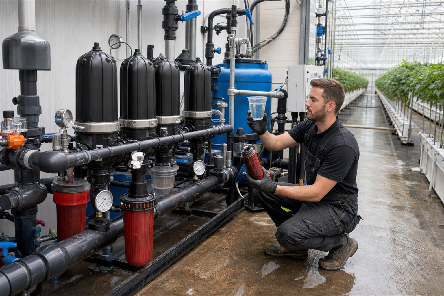 Greenhouse irrigation technician inspecting filter elements, pressure gauges, pipework, and a clear water sample