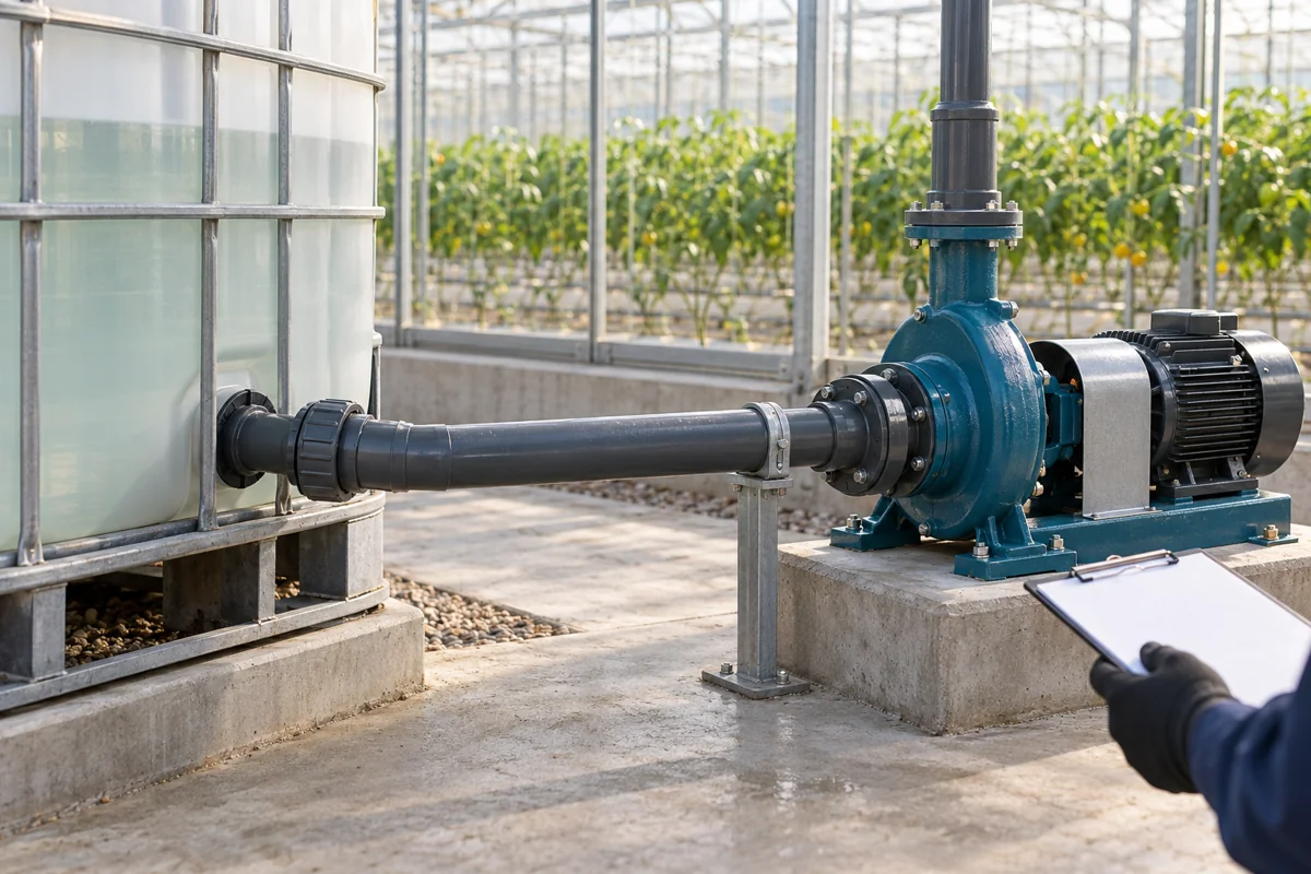 Tank and suction pipe feeding a greenhouse irrigation pump