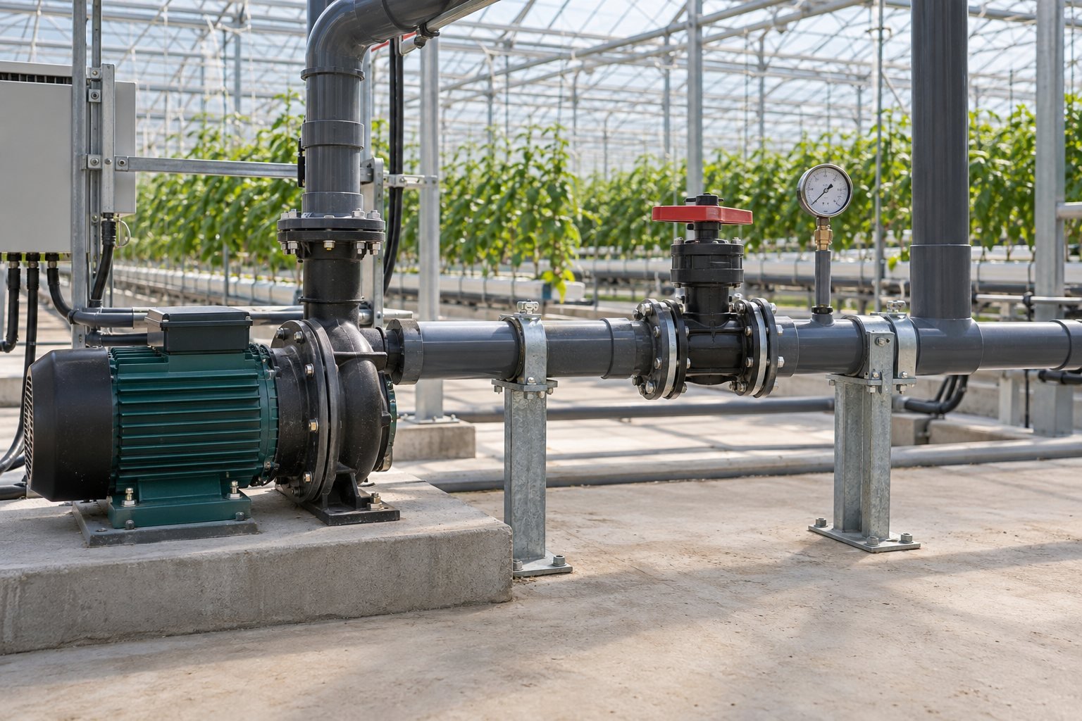 Illustration of greenhouse irrigation pipework with a pump, valve and pressure gauge